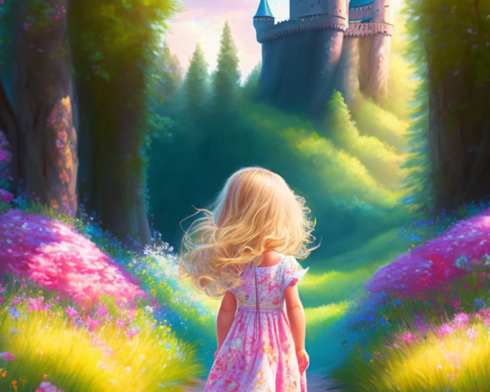 Young girl in floral dress walking towards castle in forest with pink flowers and soft sunlight.