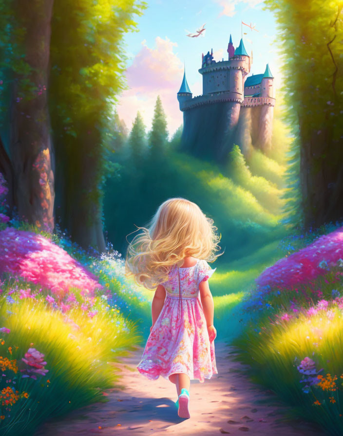 Young girl in floral dress walking towards castle in forest with pink flowers and soft sunlight.