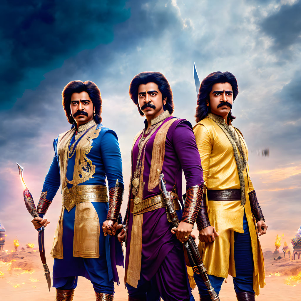 Three Men in Traditional Warrior Costumes with Swords and Shields in Dramatic Sky