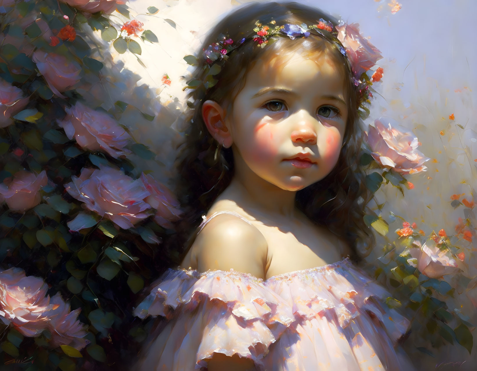 Young girl with flower crown surrounded by blooming roses.