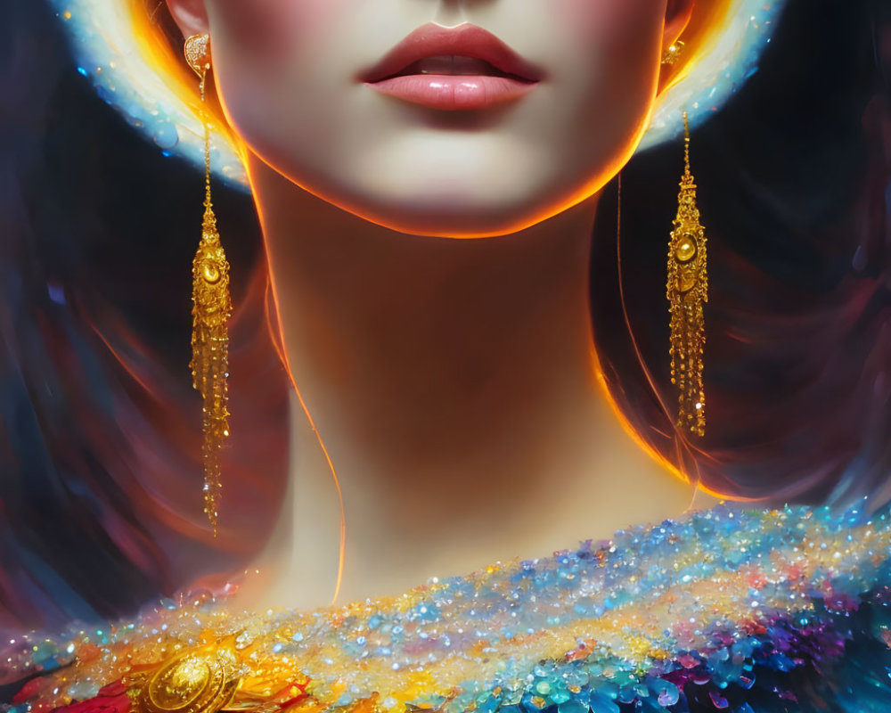 Colorful Sequined Outfit and Golden Earrings on Woman with Luminous Halo