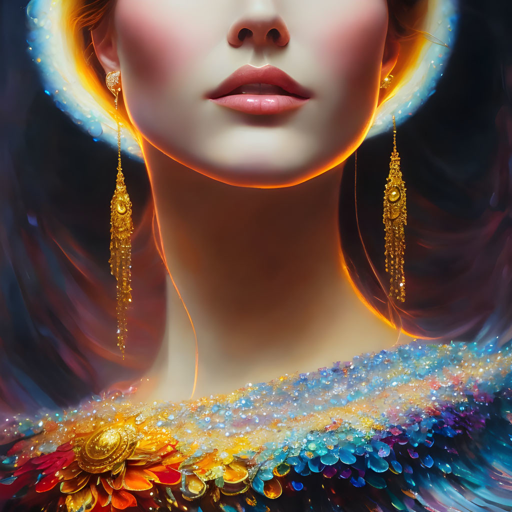 Colorful Sequined Outfit and Golden Earrings on Woman with Luminous Halo