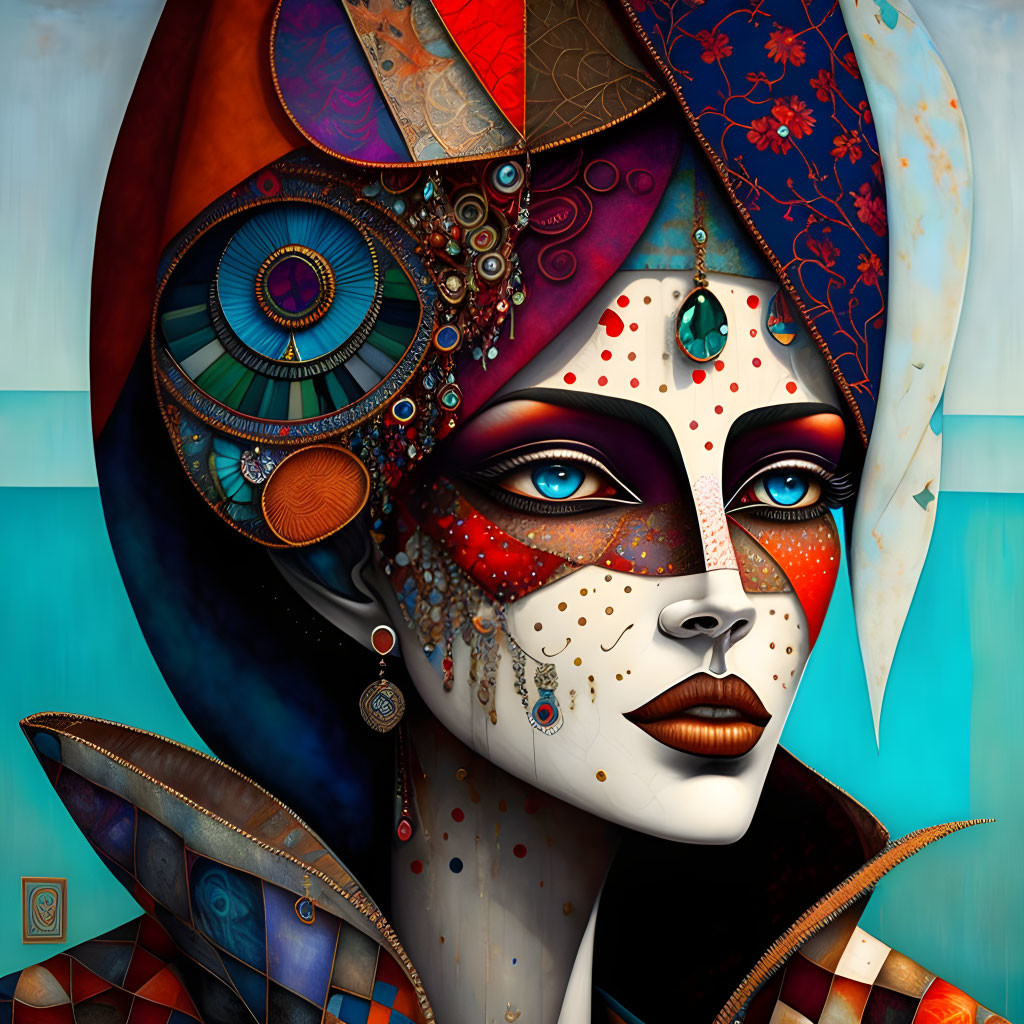 Colorful Digital Artwork Featuring Woman with Geometric Patterns