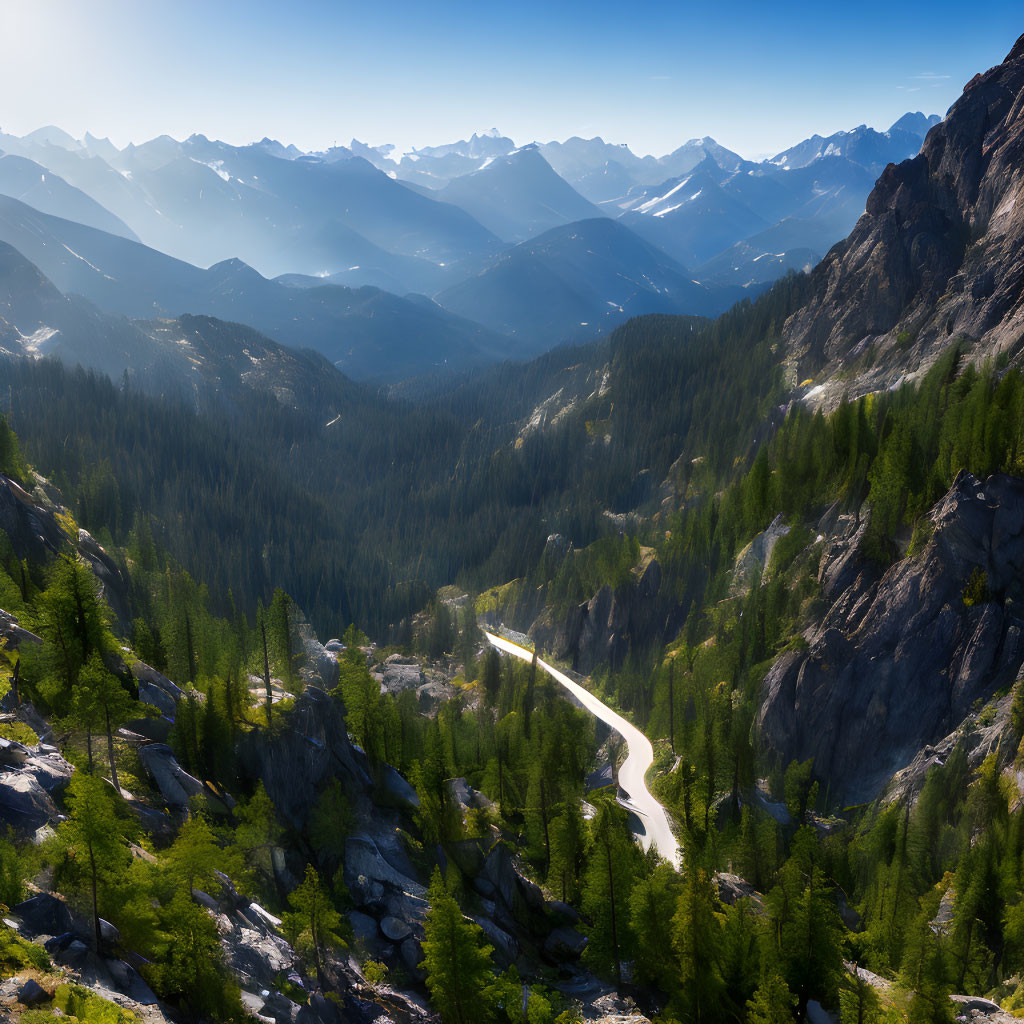 Majestic mountain landscape with winding road and lush greenery