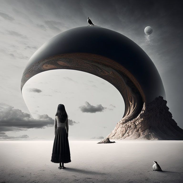 Surreal landscape with woman, horn-like structure, bird, and moon under cloudy sky