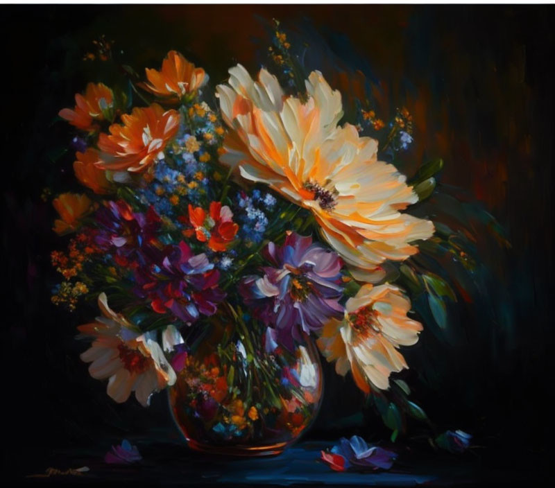 Colorful bouquet of flowers against dark background