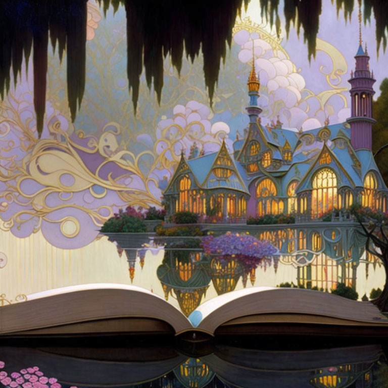 Whimsical fairy tale castle illustration in open book