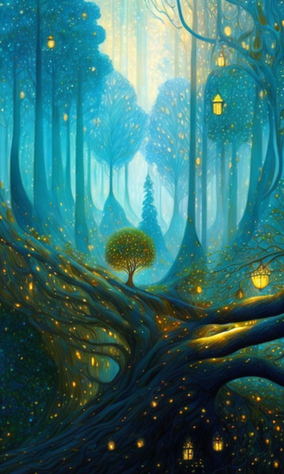 Mystical blue forest with lanterns, twisting tree, and filtered light.