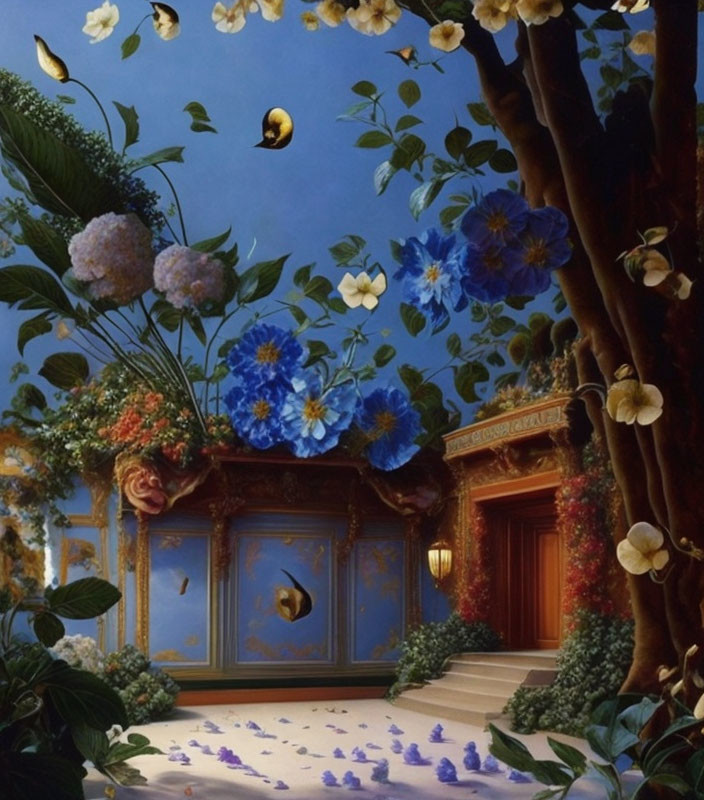 Surreal scene: Large tree, floating blue and white flowers, fanciful doorway in twilight sky