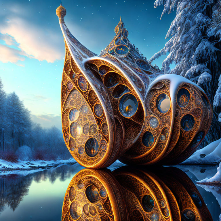 Fantastical snail shell-like structure in snowy landscape with icy river