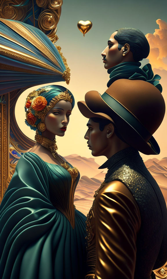 Stylized bronze-like figures in ornate clothing against surreal desert backdrop