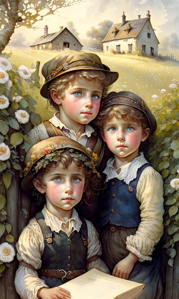 Vintage-styled children with blue eyes and hats by a flowering hedge and cottage