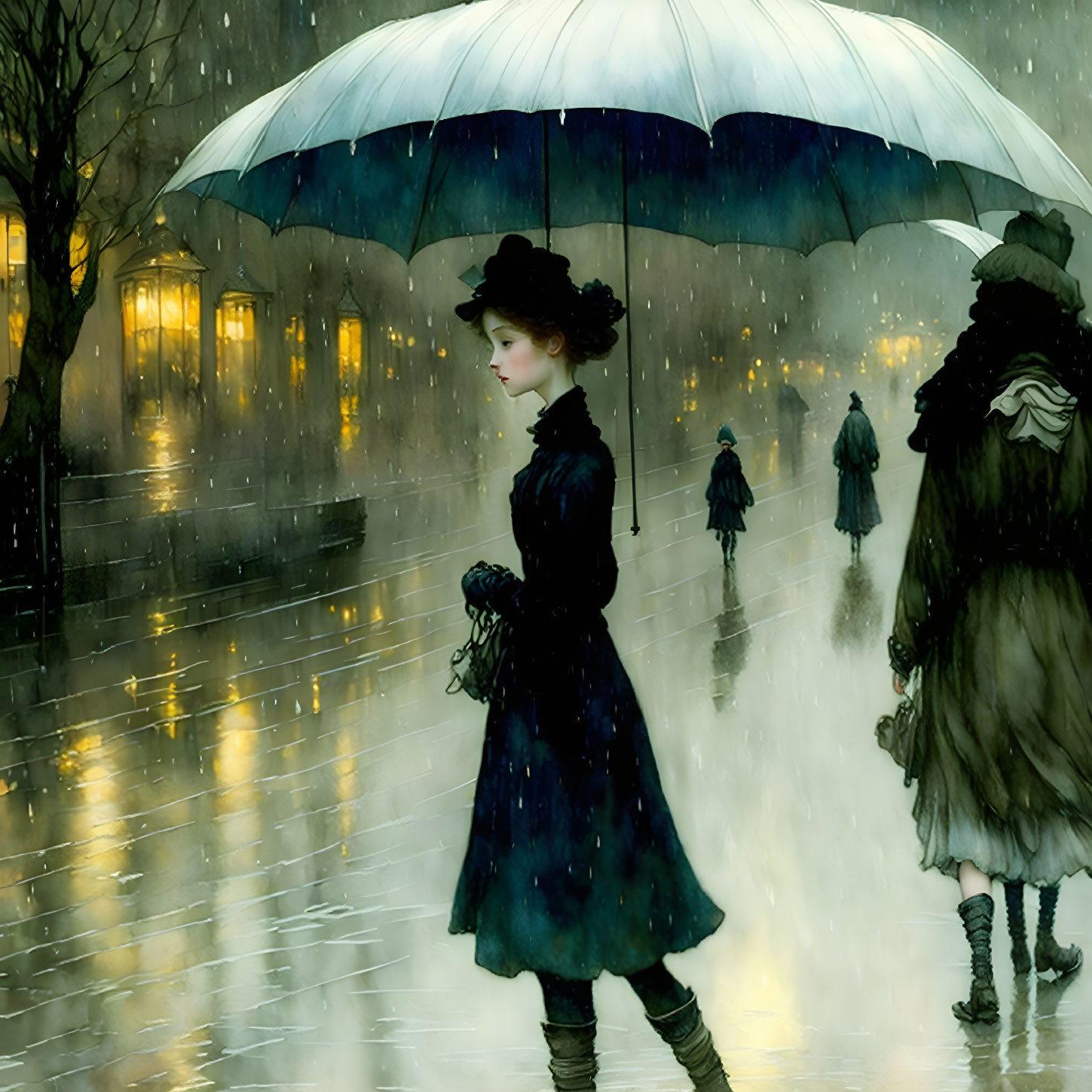 Victorian-era woman with white umbrella on rain-soaked street