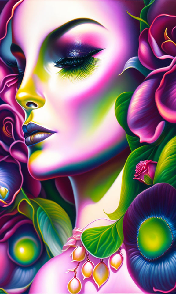 Colorful Makeup Woman's Face Surrounded by Flowers and Necklace