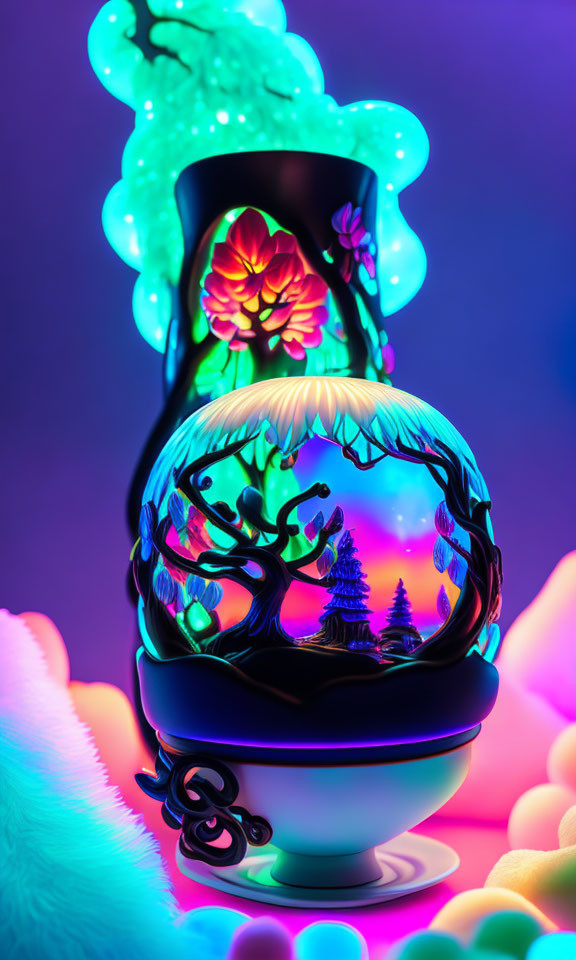 Colorful Glass Lamp with Neon Floral and Landscape Designs