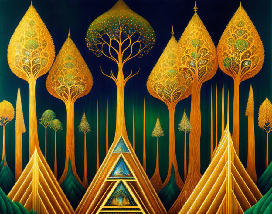 Vibrant painting of golden trees with intricate branches and central triangular doorway