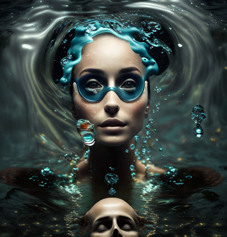 Woman's Face in Dark Water with Blue Glasses and Skull Reflection