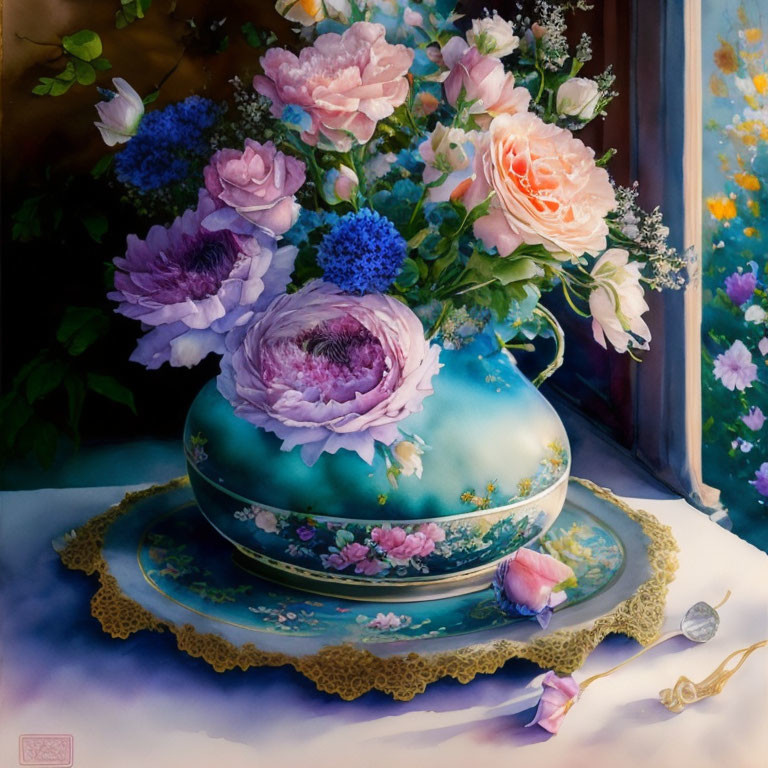 Floral porcelain container with blooming flowers on gold-trimmed plate in still life painting