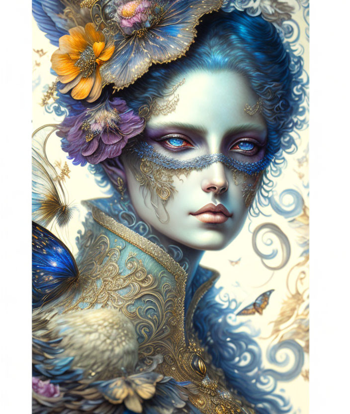 Detailed artwork of woman with blue hair, adorned with flowers, feathers, butterfly wings, and golden embroidery