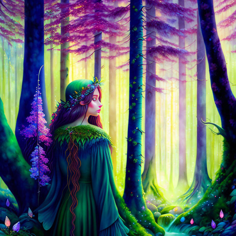 Mystical forest with vibrant purple and green hues and ethereal woman.