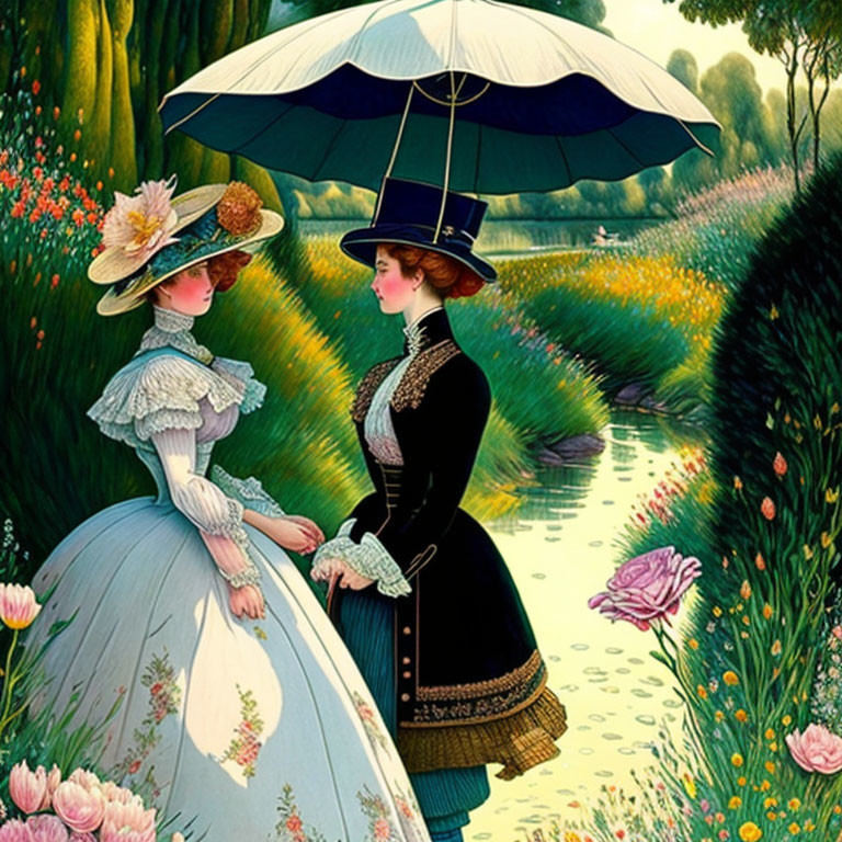 Vintage dresses and hats: Two women by a river in colorful illustration