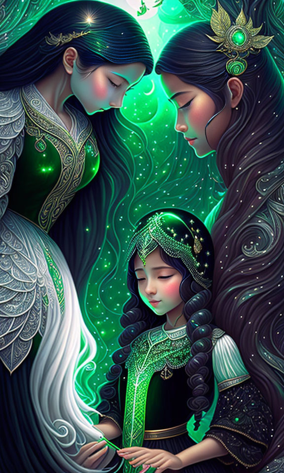 Ethereal female figures in fantasy attire on glowing green backdrop