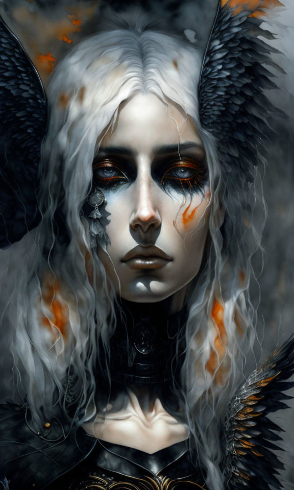 Pale-skinned person with white hair, black feathered wings, orange eye makeup, and metallic ear