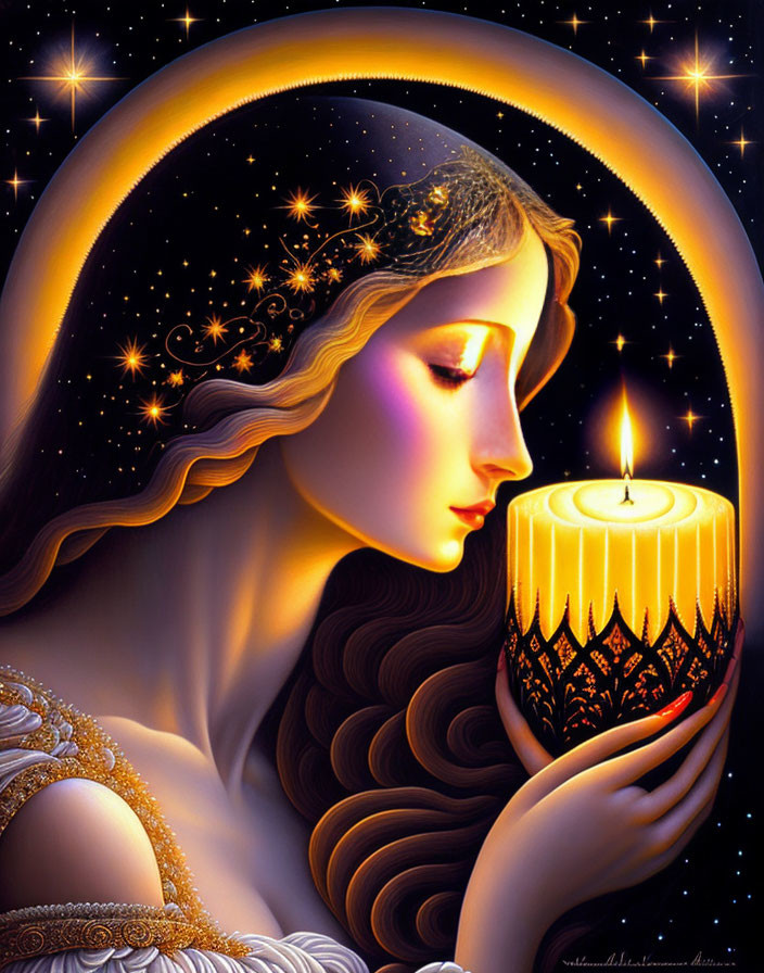 Illustrated woman with long hair holding glowing candle in starry backdrop