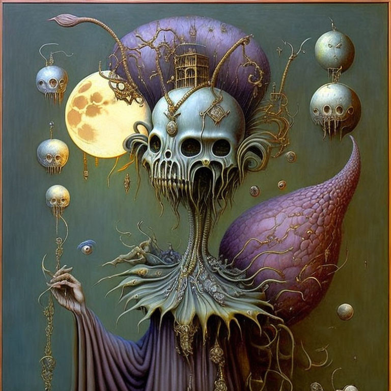 Skeletal figure with building head and floating orbs in surreal moonlit scene