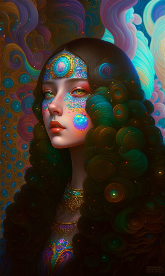 Vibrant surreal portrait of a woman with swirling multicolored patterns