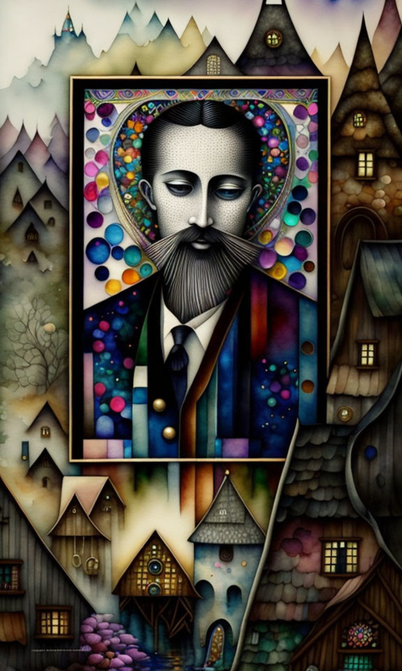 Colorful Abstract Village Background with Blending Man's Portrait