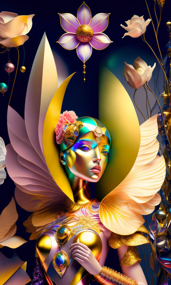 Golden-skinned woman adorned with colorful florals on dark backdrop