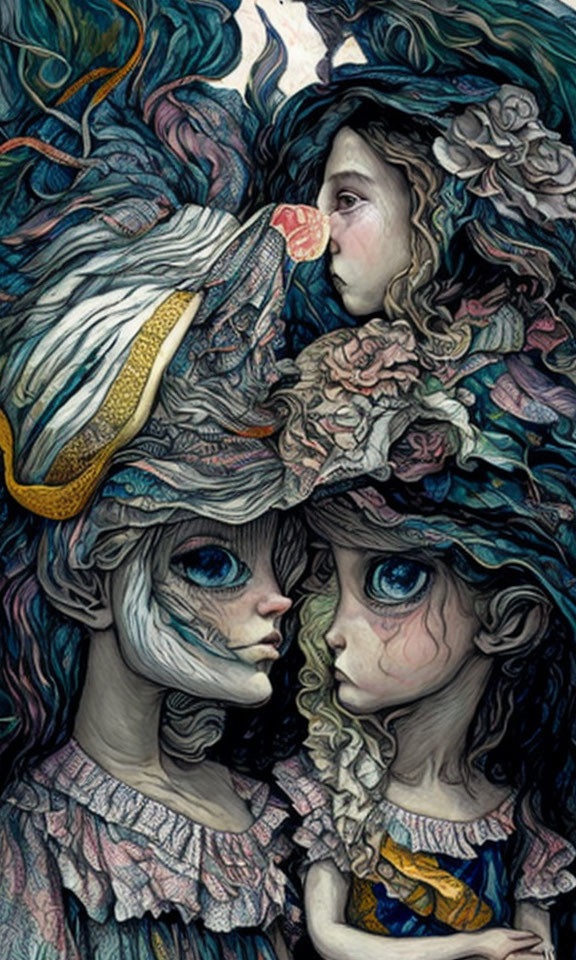 Whimsical characters with ornate hair in close encounter