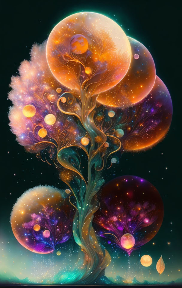 Cosmic-themed digital artwork featuring a vibrant tree.