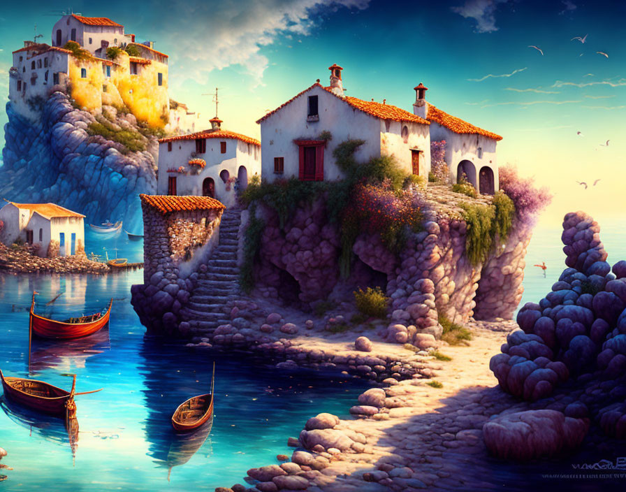 Tranquil coastal landscape with houses on rocky cliffs and boats on calm waters