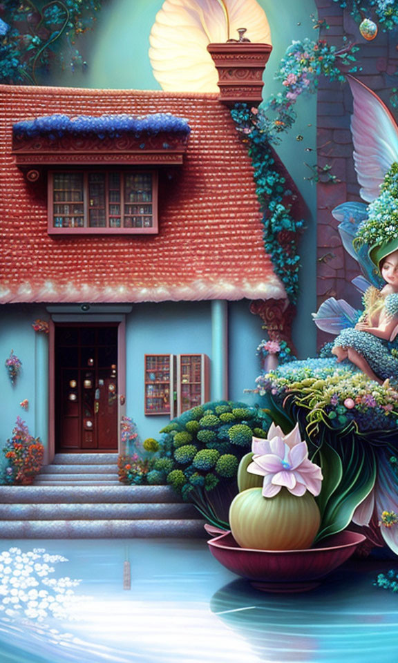 Fantasy illustration of whimsical house, fairy, and vibrant flora