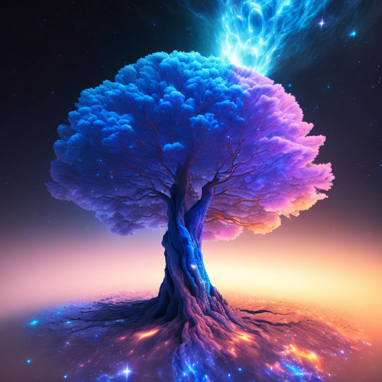 Mystical tree with blue and purple canopy in cosmic setting