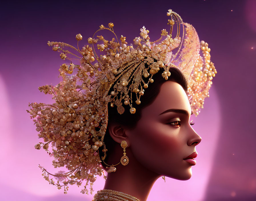 Intricate golden headdress portrait of a woman on purple backdrop