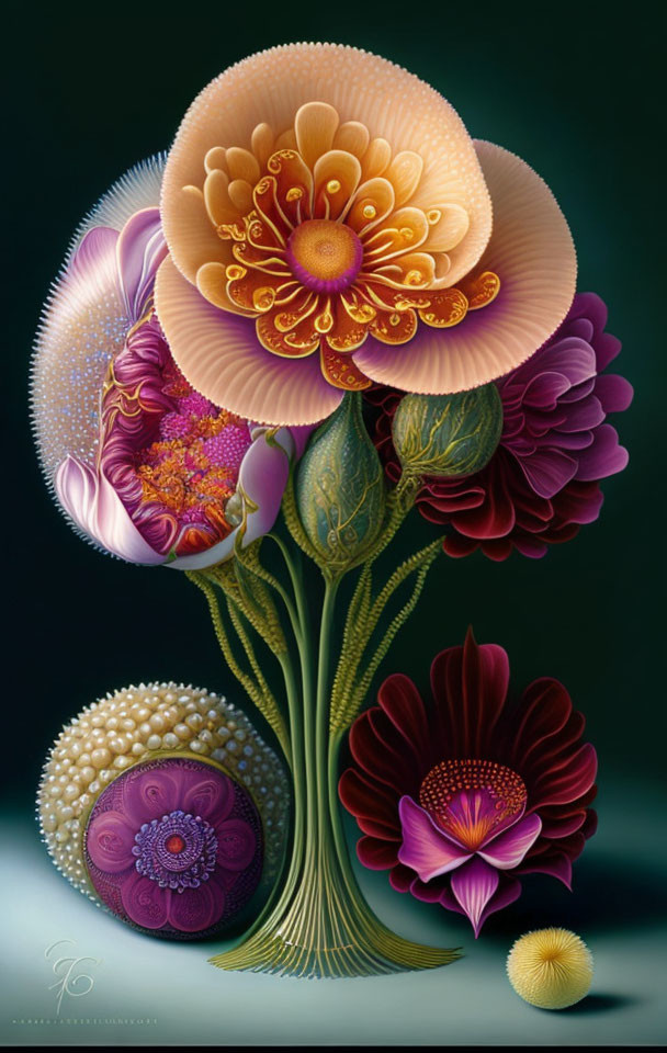 Detailed digital artwork of ornate flowers in warm colors on dark background