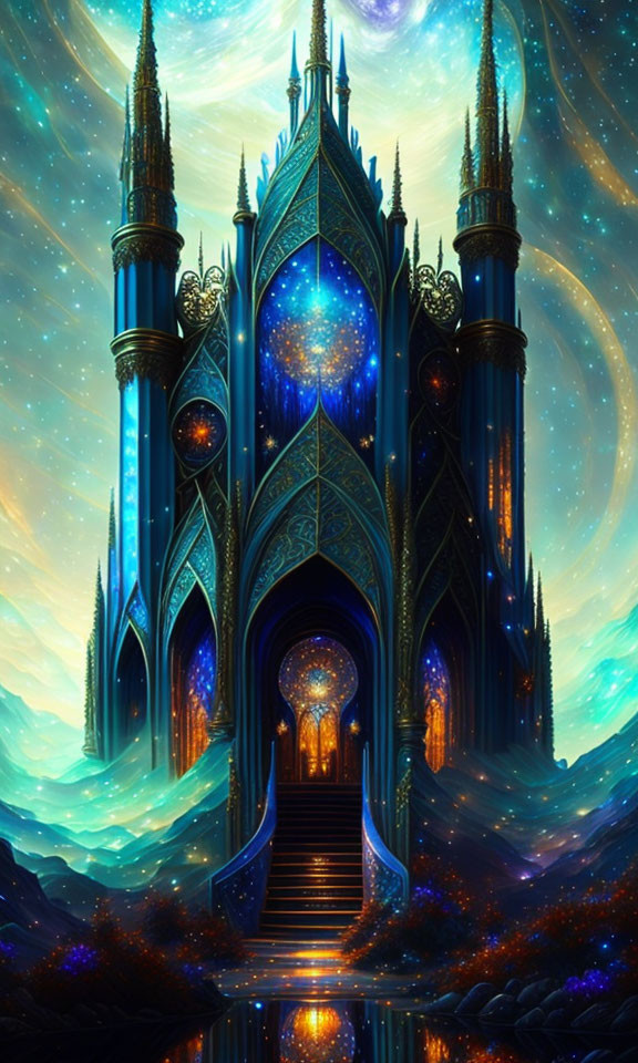 Majestic blue castle with spires under starry night sky