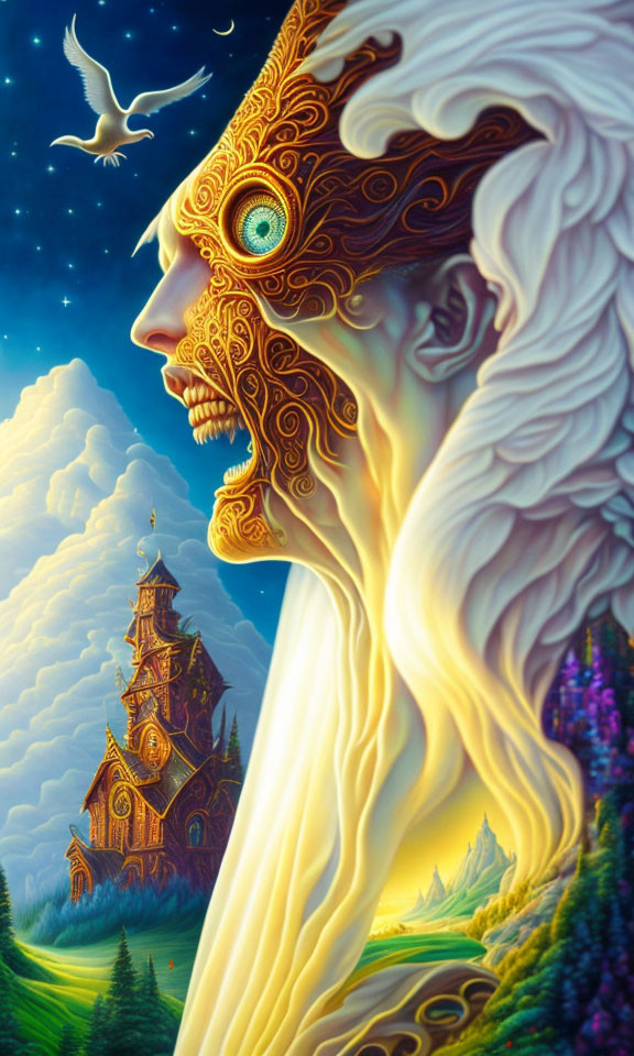 Surreal artwork with ornate face, eye on forehead, church backdrop