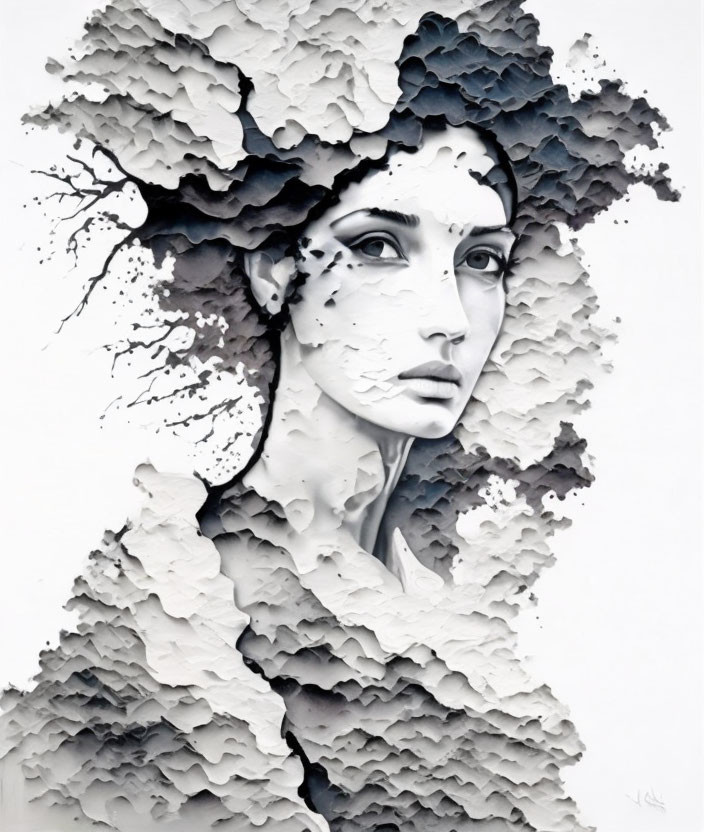 Monochromatic artwork: Woman's face with abstract, layered texture in high-contrast style