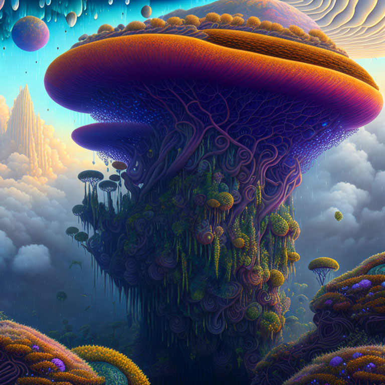 Vibrant giant mushroom landscape with dreamy atmosphere