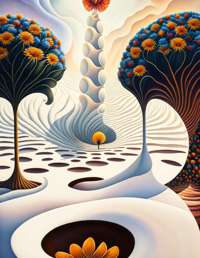 Vibrant surreal landscape with flowing shapes and circular patterns