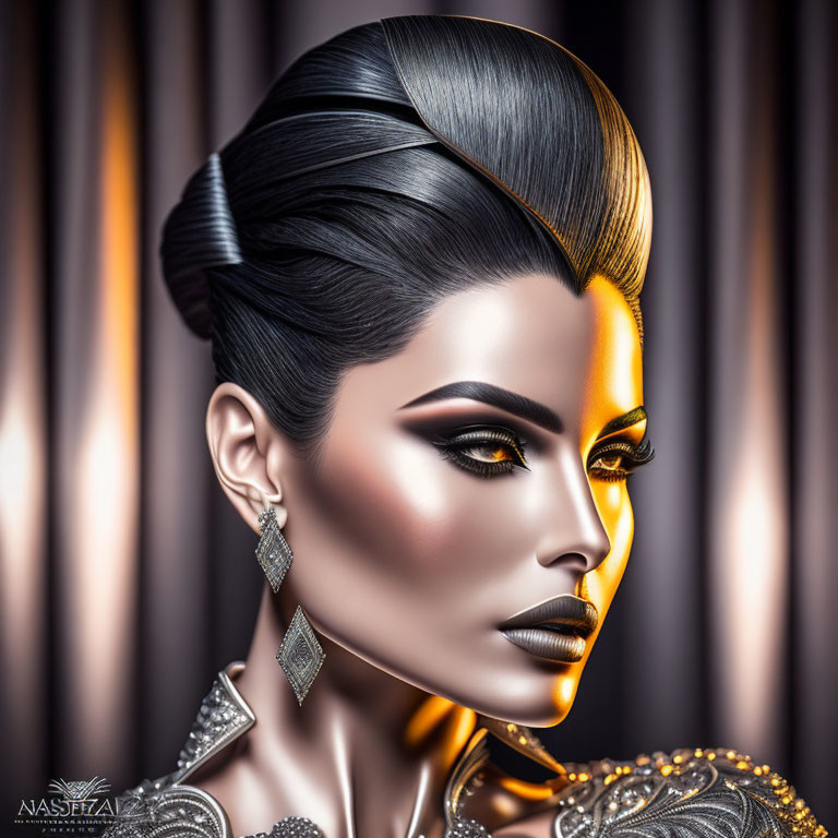 Elaborate updo hairstyle and dramatic makeup in digital artwork