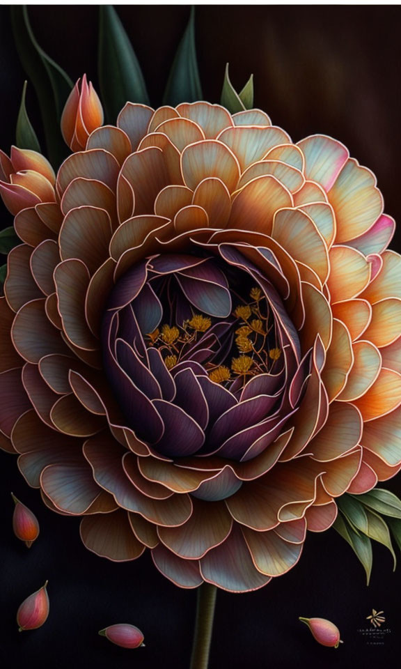 Large Blossoming Flower Painting in Purple and Peach Against Black Background