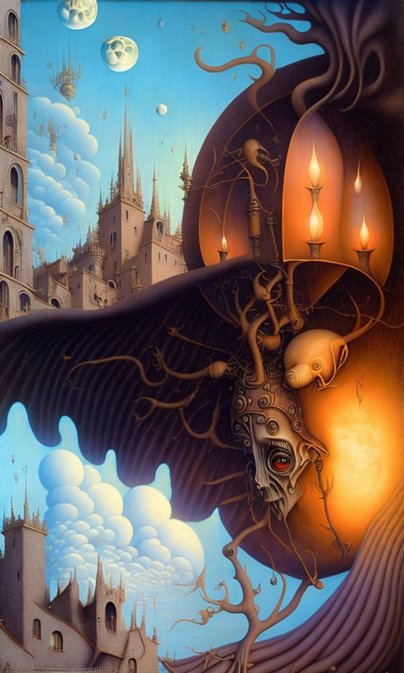 Surreal painting: architecture and organic shapes with candle-lit tree nooks and moonlit go