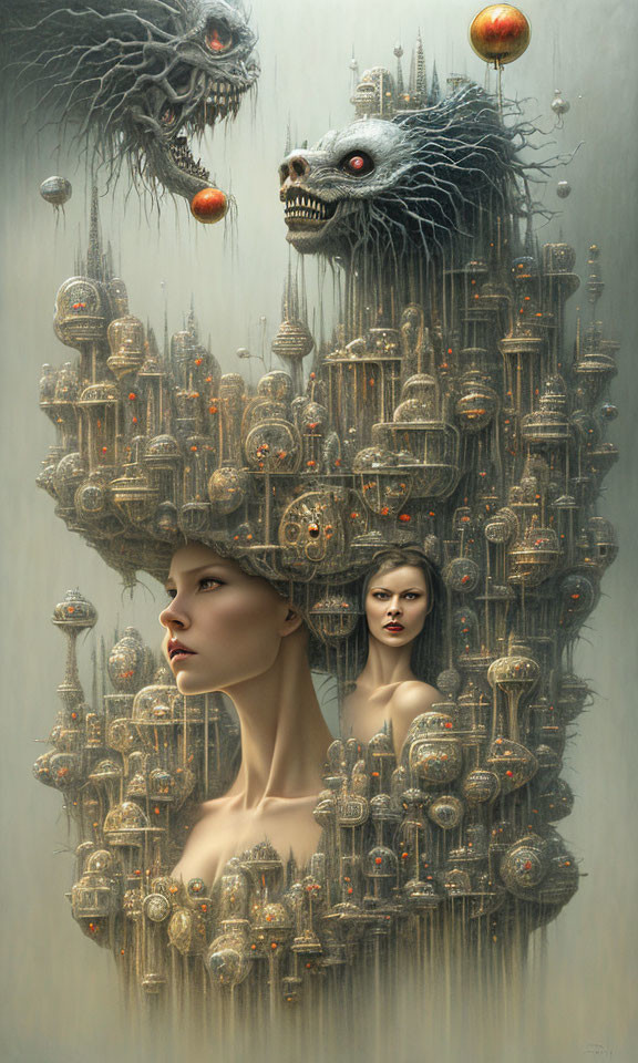 Surreal artwork: Woman's profile with cityscape hair, faces, creatures