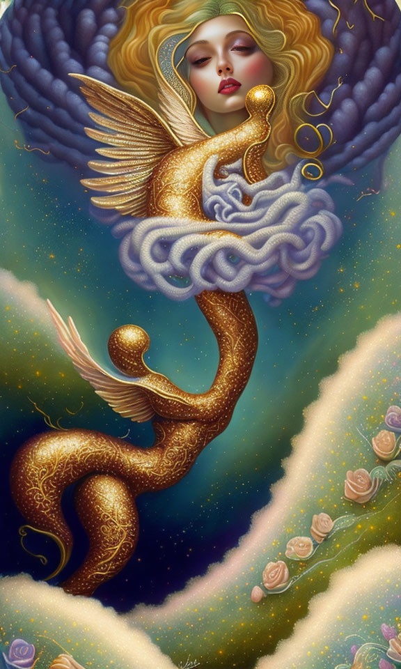 Ethereal artwork of golden angel holding cloud with ascending figure