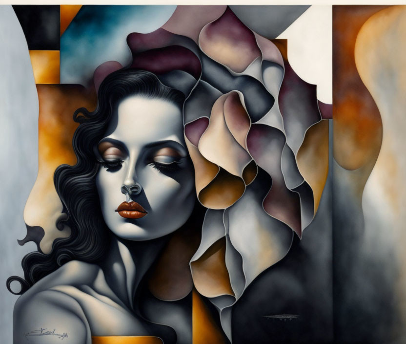 Abstract portrait: Woman with wavy hair, red lips, grayscale palette & beige accents